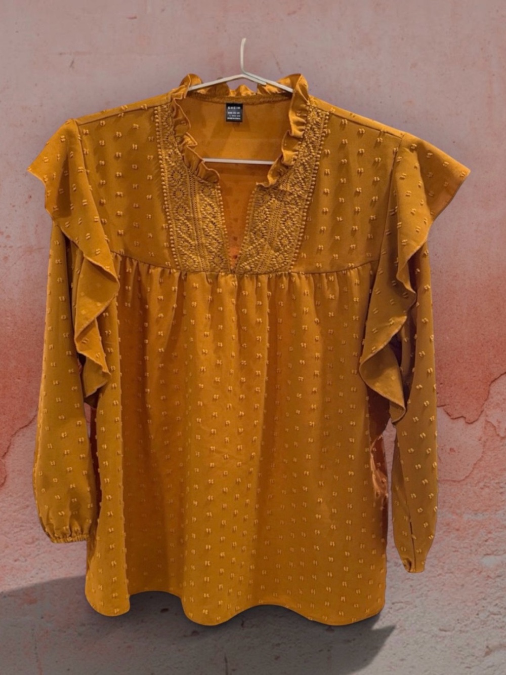 SHEIN Women’s Fall Mustard with Swiss Dots Ruffle Top Size Large